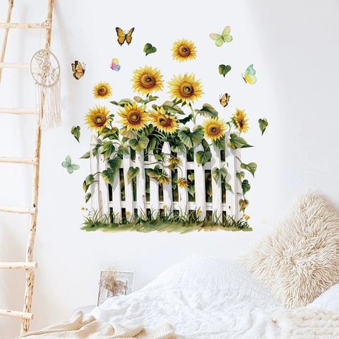 Adesivo da Parete Pastorale Girasole Con Recinzione Bianca E Farfalle Stile Acquerello PVC Rimovibile Autoadesivo Murale Casa