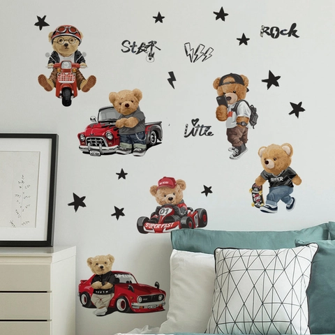 Cartoon Teddy Bear Wall Stickers For Kids Bedroom Racing Car Motorcycle Star Removable PVC DIY Nursery Decor Wall Decals