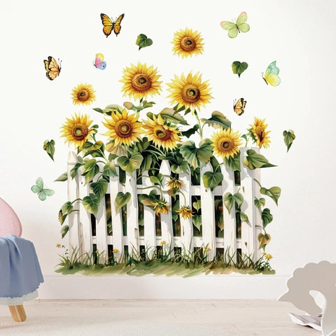 Adesivo da Parete Pastorale Girasole Con Recinzione Bianca E Farfalle Stile Acquerello PVC Rimovibile Autoadesivo Murale Casa