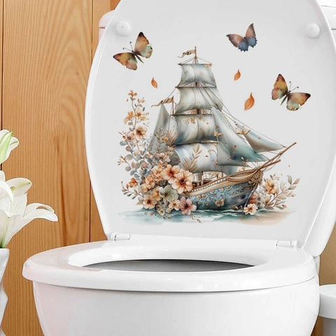 Adesivo da Parete Artistico con Barca a Vela e Fiori Farfalla PVC Autoadesivo Rimovibile Decorazione per Bagno e Gabinetto