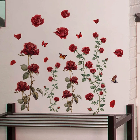 Adesivo da Parete Con Rose Rosse e Farfalle Decalcomania Floreale in PVC Rimovibile per Soggiorno Camera da Letto Romantica
