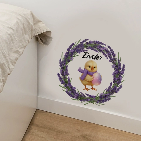 Sticker Mural de Pâques Couronne de Lavande Poussin Jaune Avec Oeuf Décalcomanie en PVC Auto-adhésive pour Salon Chambre Maison