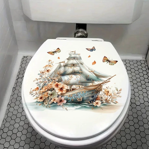 Adesivo da Parete Artistico con Barca a Vela e Fiori Farfalla PVC Autoadesivo Rimovibile Decorazione per Bagno e Gabinetto