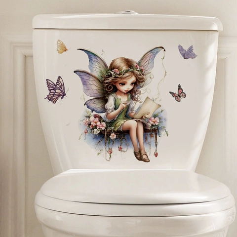 Cartoon Blumenfee Schmetterling Wandaufkleber Wasserdicht Selbstklebend Abnehmbar PVC Toilettensticker Für Badezimmer Deko