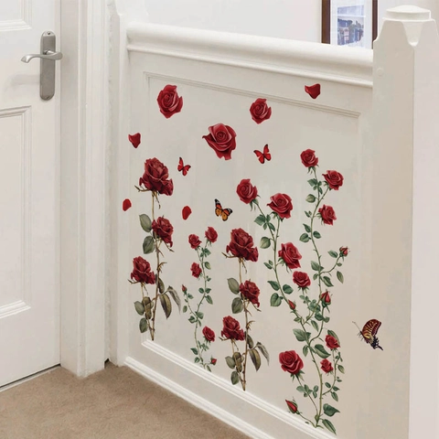 Adesivo da Parete Con Rose Rosse e Farfalle Decalcomania Floreale in PVC Rimovibile per Soggiorno Camera da Letto Romantica