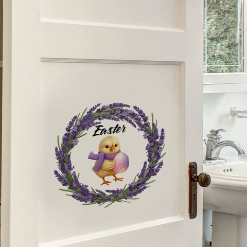 Sticker Mural de Pâques Couronne de Lavande Poussin Jaune Avec Oeuf Décalcomanie en PVC Auto-adhésive pour Salon Chambre Maison