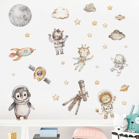 Space Astronaut Animals Wall Sticker Watercolor Cartoon PVC Removable Self-Adhesive Decal For Kids Room Nursery Home Decor