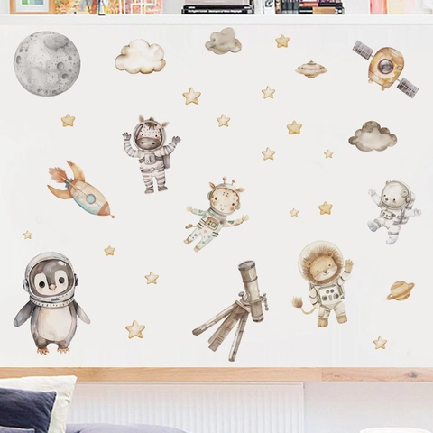 Space Astronaut Animals Wall Sticker Watercolor Cartoon PVC Removable Self-Adhesive Decal For Kids Room Nursery Home Decor