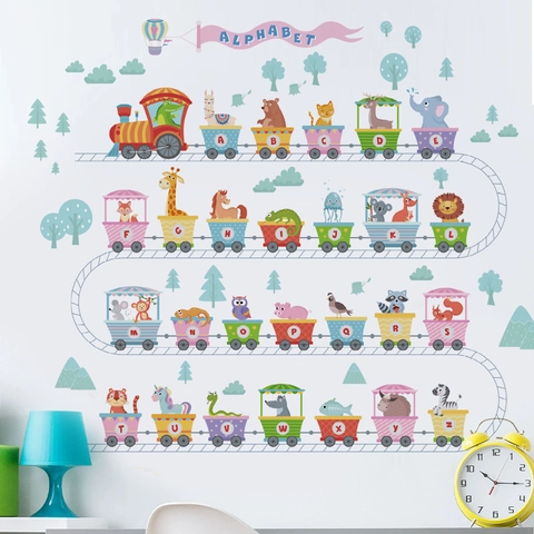 Pegatina De Pared Tren Alfabeto Animales Dibujos Animados Para Habitación Infantil PVC Removible Autoadhesivo Educativo Letras A-Z Calcomanía