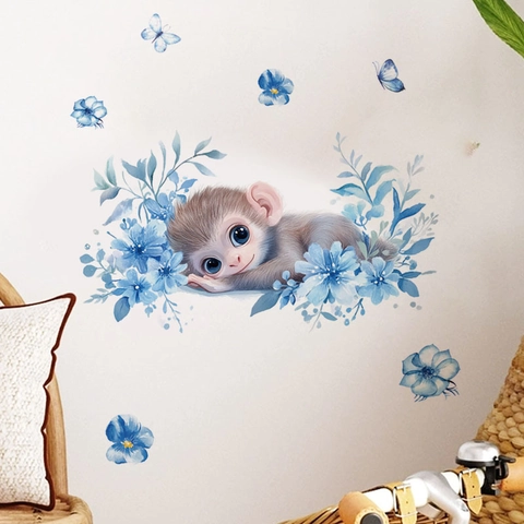 Simpatica Scimmia Dei Cartoni Animati Con Fiori Blu Adesivo Murale in PVC Removibile Acquerello Carta Da Parati Per Cameretta