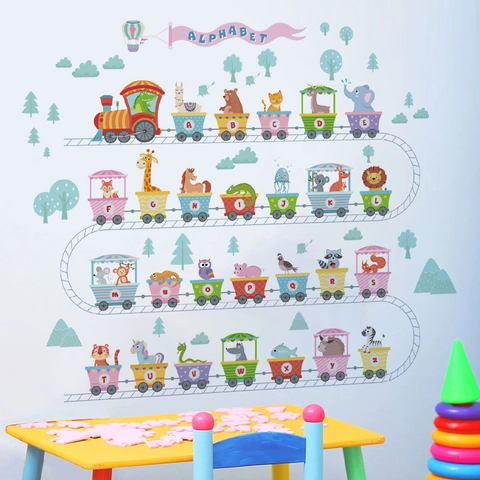 Pegatina De Pared Tren Alfabeto Animales Dibujos Animados Para Habitación Infantil PVC Removible Autoadhesivo Educativo Letras A-Z Calcomanía