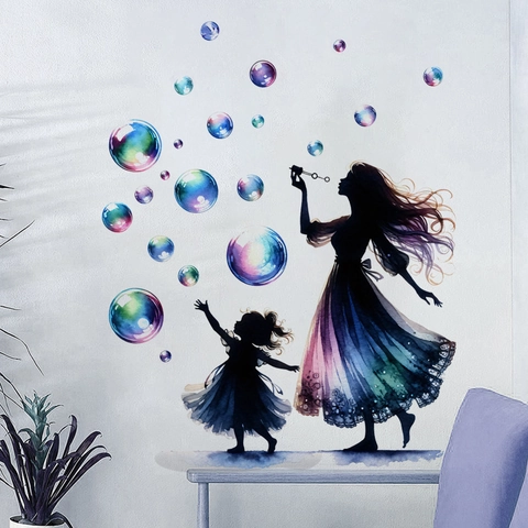 Aquarell Mutter Und Kind Silhouette Wandtattoo Bunte Blasen Selbstklebend PVC Aufkleber Für Schlafzimmer Deko