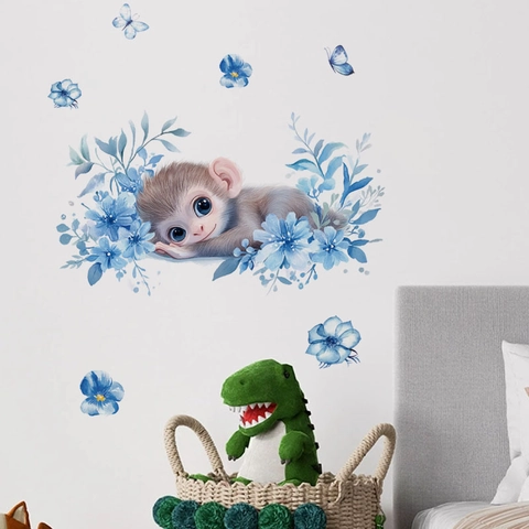 Simpatica Scimmia Dei Cartoni Animati Con Fiori Blu Adesivo Murale in PVC Removibile Acquerello Carta Da Parati Per Cameretta