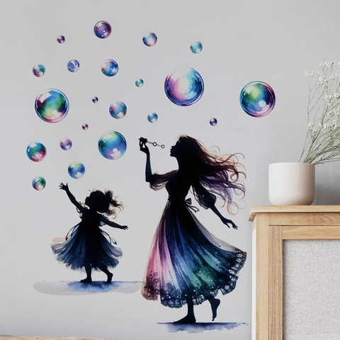 Aquarell Mutter Und Kind Silhouette Wandtattoo Bunte Blasen Selbstklebend PVC Aufkleber Für Schlafzimmer Deko