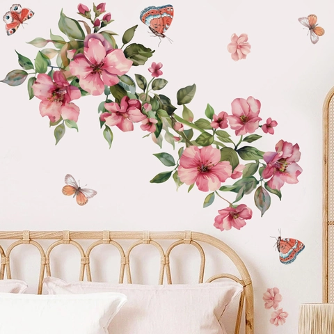 Aquarel Roze Bloem Vlinder Muursticker PVC Zelfklevende Florale Decals Voor Woonkamer Slaapkamer Keuken Huis Decor