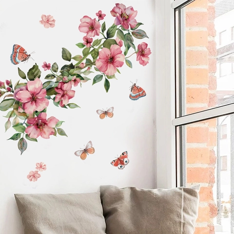 Aquarel Roze Bloem Vlinder Muursticker PVC Zelfklevende Florale Decals Voor Woonkamer Slaapkamer Keuken Huis Decor