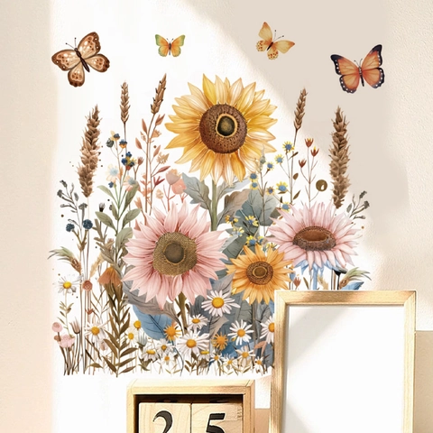 Sunflower Butterfly Wall Sticker Waterproof PVC Removable Mural For Bathroom Toilet Living Room Bedroom Home Decoration