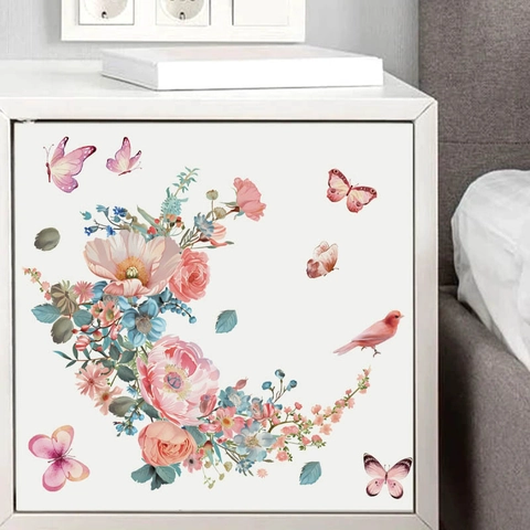Adesivi Murali Fiori Acquerello Farfalla Uccello PVC Autoadesivo Rimovibile Decalcomania Per Soggiorno Camera Da Letto Casa