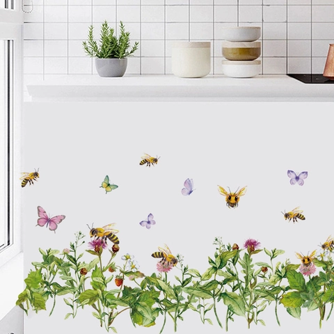 Adesivi Murali Acquerello Fiori Api Farfalle Decalcomanie in PVC Removibili Per Soggiorno Camera da Letto Cucina Casa Fai da Te