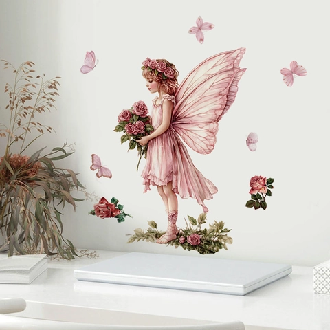 Rosa Fee Mädchen Wandaufkleber PVC Aquarell Schmetterling Rose Blume Aufkleber Für Kinderzimmer Schlafzimmer Badezimmer Deko