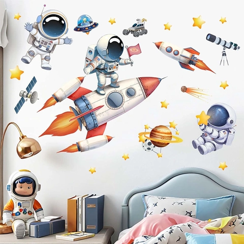 Astronaut Space Theme Wall Sticker For Kids Room Cartoon Rocket Planet Stars Removable Self Adhesive Nursery Decor Mural