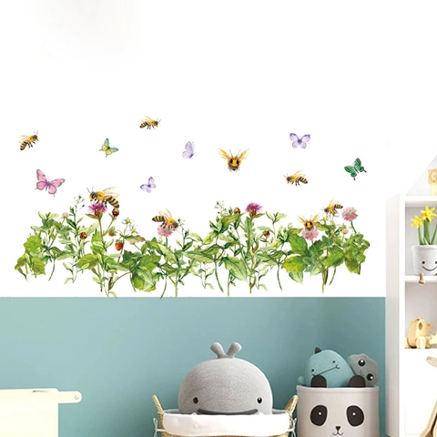 Adesivi Murali Acquerello Fiori Api Farfalle Decalcomanie in PVC Removibili Per Soggiorno Camera da Letto Cucina Casa Fai da Te