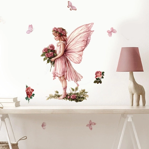 Rosa Fee Mädchen Wandaufkleber PVC Aquarell Schmetterling Rose Blume Aufkleber Für Kinderzimmer Schlafzimmer Badezimmer Deko