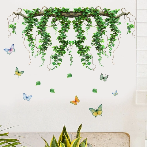 Realistische Groene Klimoprank Muurstickers Kleurrijke Vlinders Afneembare PVC Zelfklevende Sticker Voor Woonkamer Slaapkamer Keuken Decor