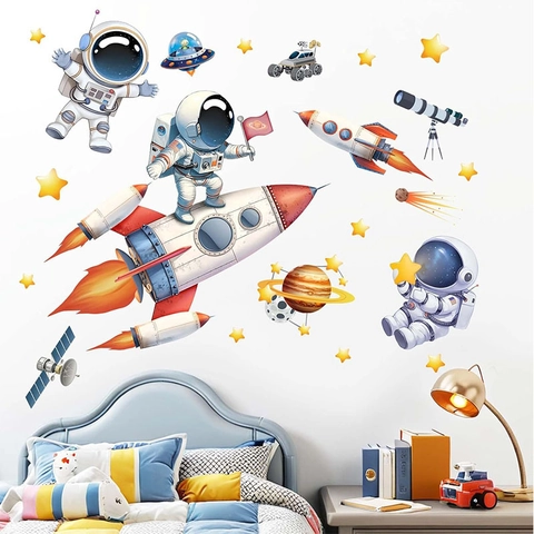 Astronaut Space Theme Wall Sticker For Kids Room Cartoon Rocket Planet Stars Removable Self Adhesive Nursery Decor Mural