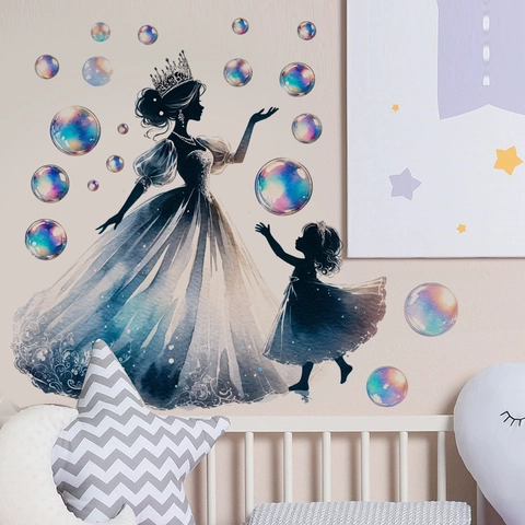 Dreamy Princess Girl Silhouette Wall Stickers Watercolor Rainbow Bubbles Decorative Decals Self Adhesive Removable Home Art Decor For Kids Room
