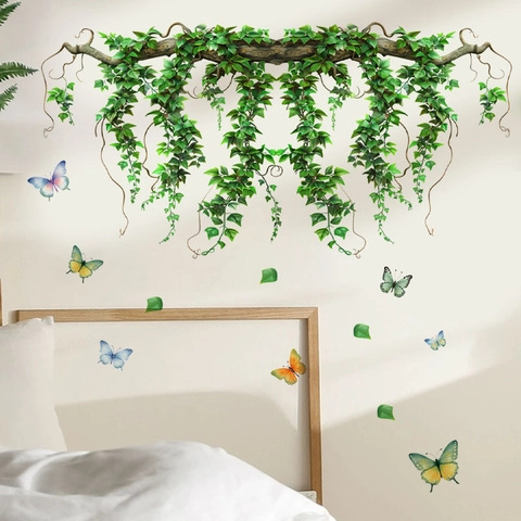 Realistische Groene Klimoprank Muurstickers Kleurrijke Vlinders Afneembare PVC Zelfklevende Sticker Voor Woonkamer Slaapkamer Keuken Decor