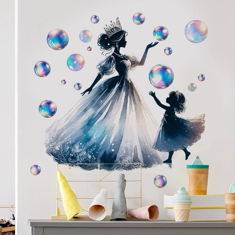 Dreamy Princess Girl Silhouette Wall Stickers Watercolor Rainbow Bubbles Decorative Decals Self Adhesive Removable Home Art Decor For Kids Room
