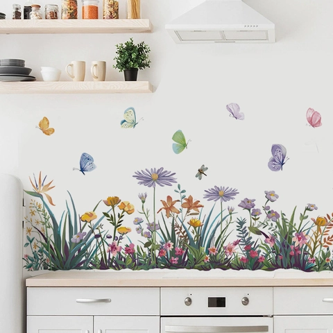 Adesivi Murali Fiori E Farfalle Nordici Decalcomania in PVC Rimovibile Per Bagno Vasca Cucina Soggiorno Decorazione Parete