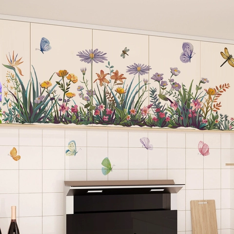Adesivi Murali Fiori E Farfalle Nordici Decalcomania in PVC Rimovibile Per Bagno Vasca Cucina Soggiorno Decorazione Parete