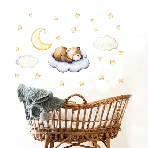 Vinilo de Pared de Oso de Dibujos Animados Durmiendo en Nube y Luna para Habitación de Niños Decoración Infantil Adhesivo de PVC