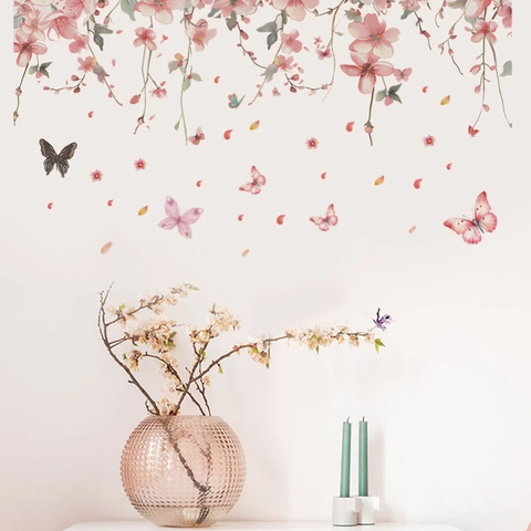 Adesivi Murali Fiori di Ciliegio Rosa Farfalla Acquerello Floreale Rimovibile DIY PVC Decalcomania per Soggiorno Casa