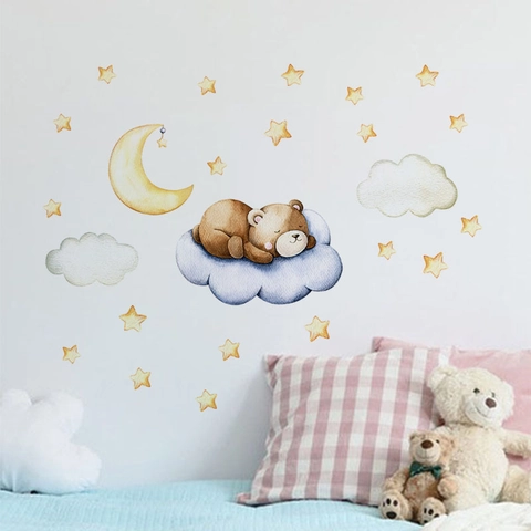Vinilo de Pared de Oso de Dibujos Animados Durmiendo en Nube y Luna para Habitación de Niños Decoración Infantil Adhesivo de PVC