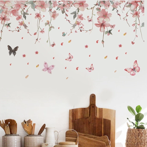 Adesivi Murali Fiori di Ciliegio Rosa Farfalla Acquerello Floreale Rimovibile DIY PVC Decalcomania per Soggiorno Casa
