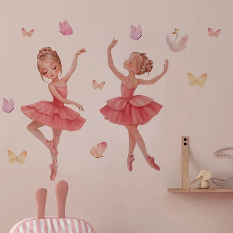 Cartoon Ballerina Fee Wandaufkleber Rosa Schmetterling Schwan Krone PVC Selbstklebend Kinderzimmer Mädchen Schlafzimmer Home Deko