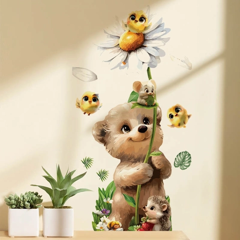Pegatina De Pared Oso De Dibujos Animados Con Margarita Para Habitación De Niños Calcomanía De Animales Del Bosque PVC