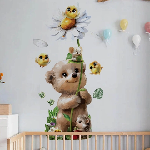 Pegatina De Pared Oso De Dibujos Animados Con Margarita Para Habitación De Niños Calcomanía De Animales Del Bosque PVC