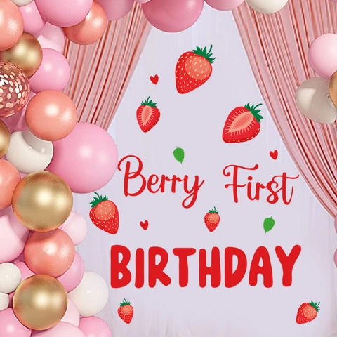 Adesivo da Parete Fragola per Festa di Primo Compleanno PVC Decalcomania Decorativa Sfondo Tema Berry per Festa Neonato