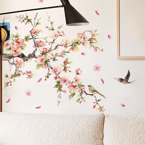 Pink Cherry Blossom Branch And Birds Wall Sticker PVC Waterproof Self Adhesive Mural Art Decor For Living Room Bedroom Entryway