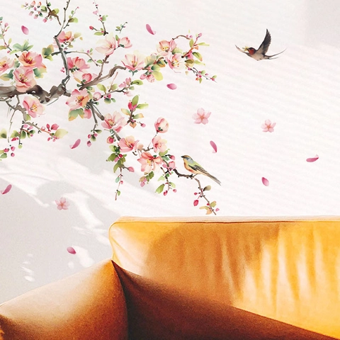 Pink Cherry Blossom Branch And Birds Wall Sticker PVC Waterproof Self Adhesive Mural Art Decor For Living Room Bedroom Entryway