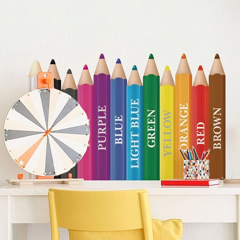 Pegatinas de Pared de Lápices de PVC Multicolores para Habitación Infantil Decoración de Guardería Palabras de Color Educativas