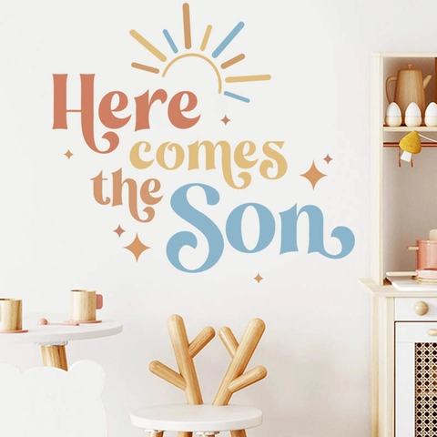 Sticker Mural Here Comes The Son Motif Soleil Étoiles pour Décoration Chambre Garçon Style Bohème Auto-Adhésif Amovible en PVC