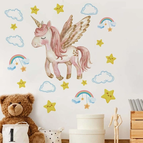 Roze Aquarel Eenhoorn Muursticker Met Sterren Regenboog Wolken Voor Kinderen Meisjes Kamer Babykamer Verwijderbare PVC Muurdecoratie