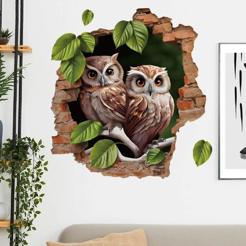 3D Wandtattoo Eule Durchbrochene Wand PVC Grüne Blätter Selbstklebend Für Kinderzimmer Schlafzimmer Home Decor Wandkunst