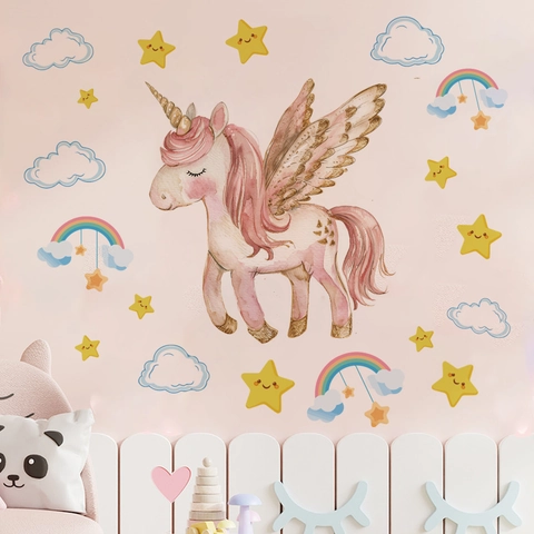 Roze Aquarel Eenhoorn Muursticker Met Sterren Regenboog Wolken Voor Kinderen Meisjes Kamer Babykamer Verwijderbare PVC Muurdecoratie
