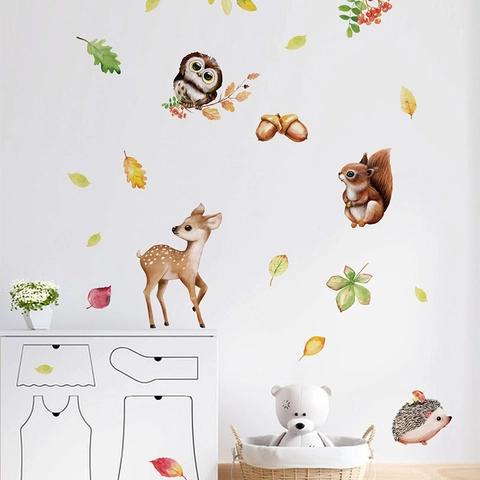 Pegatina de Pared Animales del Bosque Acuarela PVC Removible Hojas de Otoño Para Habitación Infantil Sala de Estar Decoración